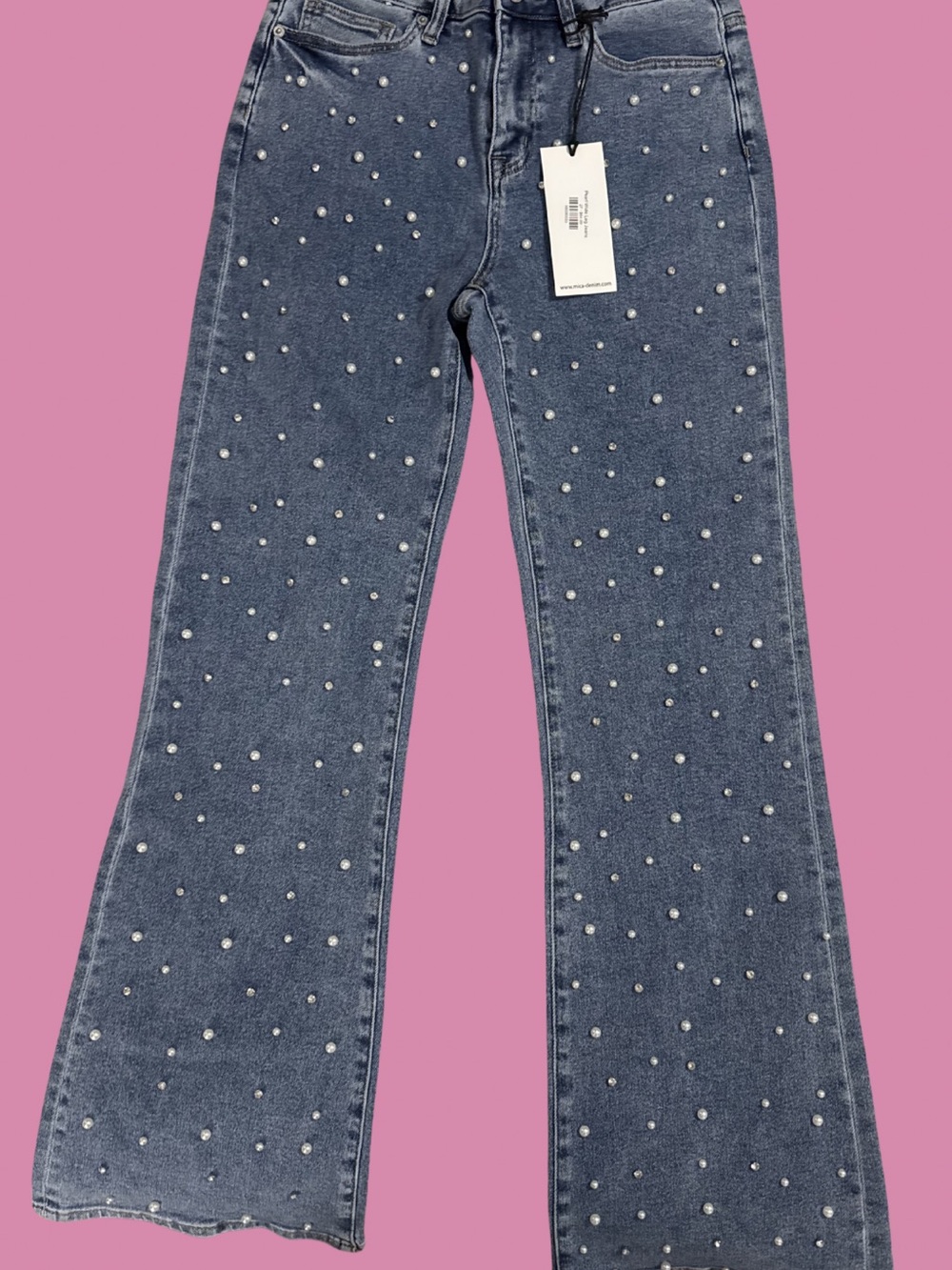 Diamond & Pearl-Embellished Blue Women's Jeans